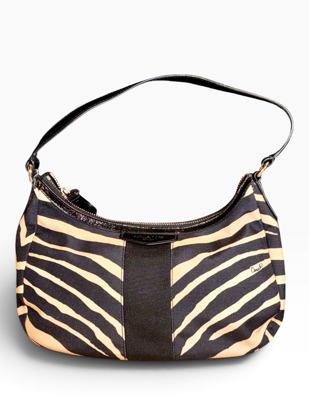 Coach Demi Shoulder Bag Zebra Print Black & Light Tan/Cream
